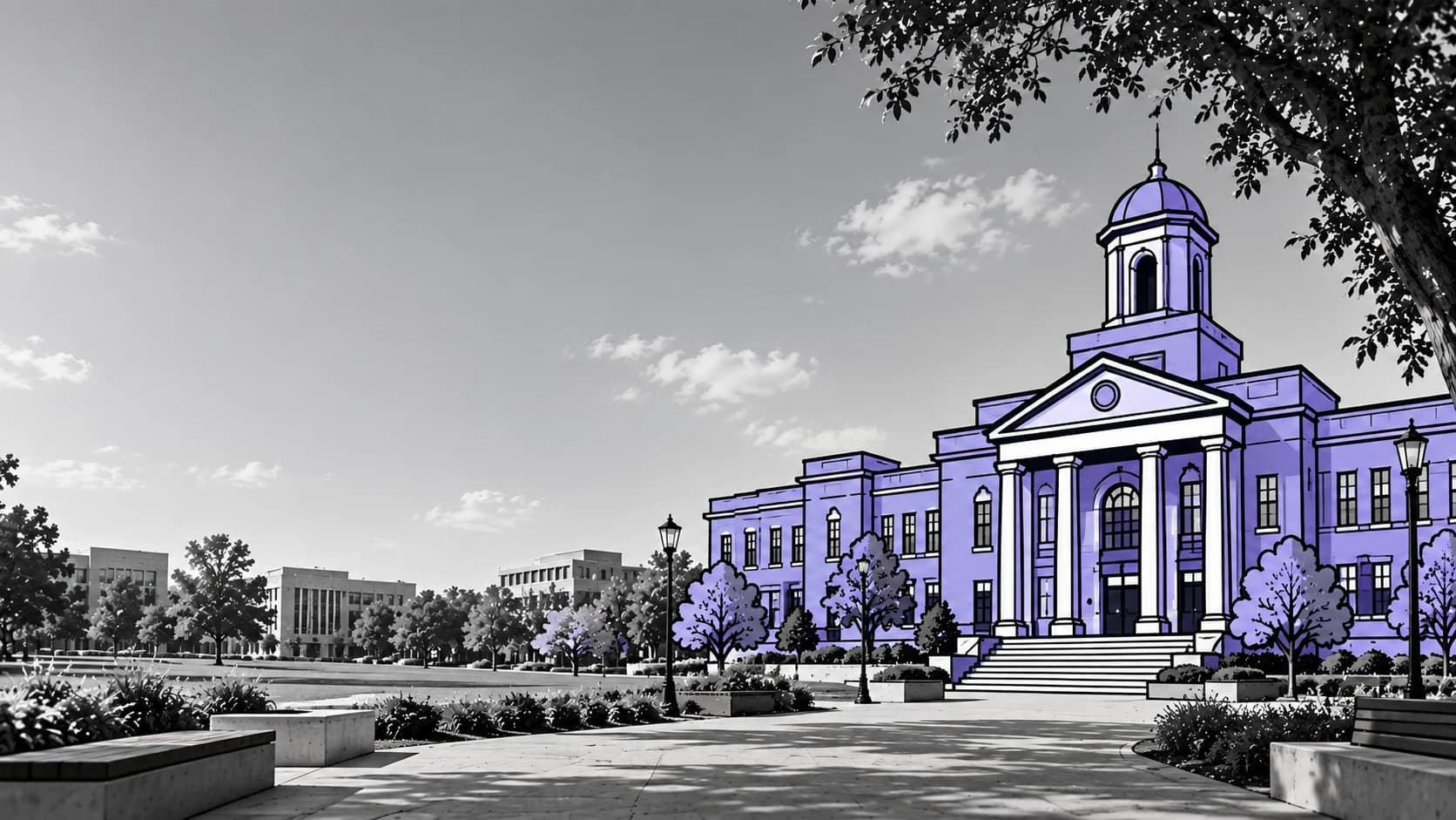Black and white photo of a university quad with trees and lamp posts, with a violet illustrated academic building with a dome and columns on the right