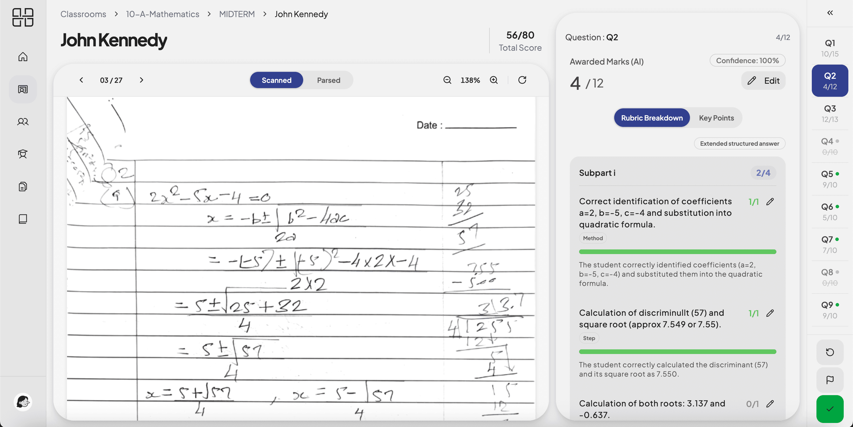 An evaluation screen showing a rubric breakdown by sub-part next to a scanned answer