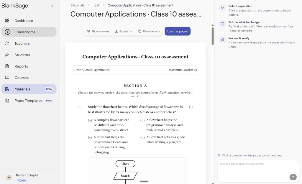 BlankSage Materials interactive question paper editor with question modification and sidebar chat assistant