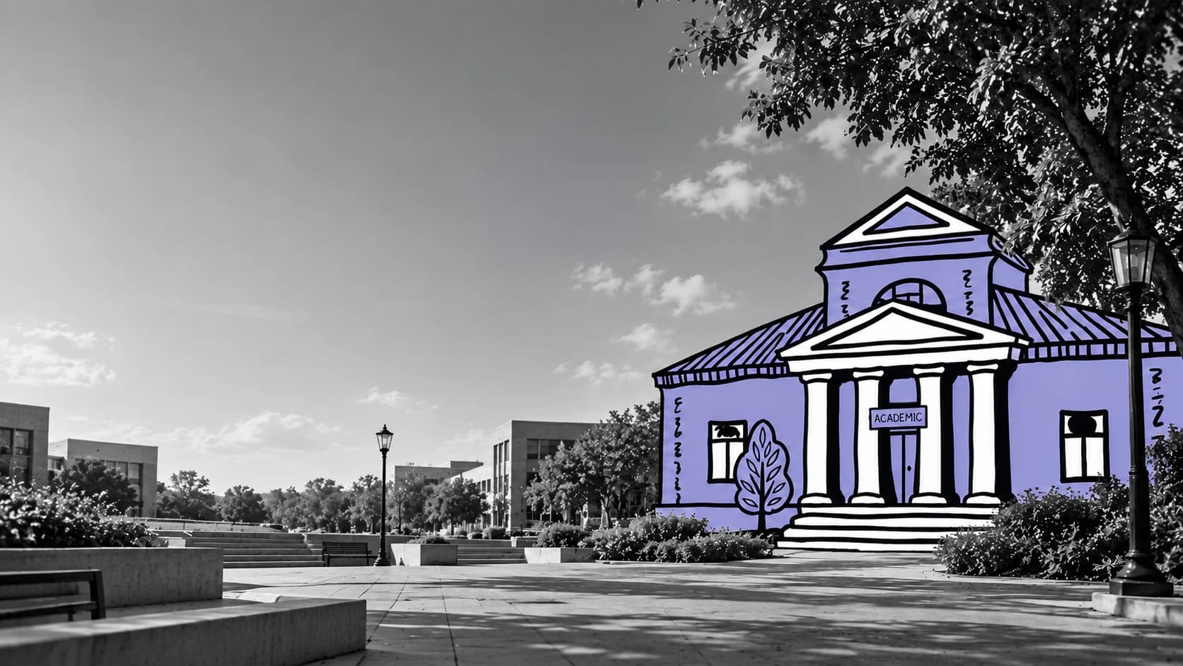 Black and white photo of a sunlit open campus with benches, lamp posts and trees, and a violet illustrated academic building with columns on the right